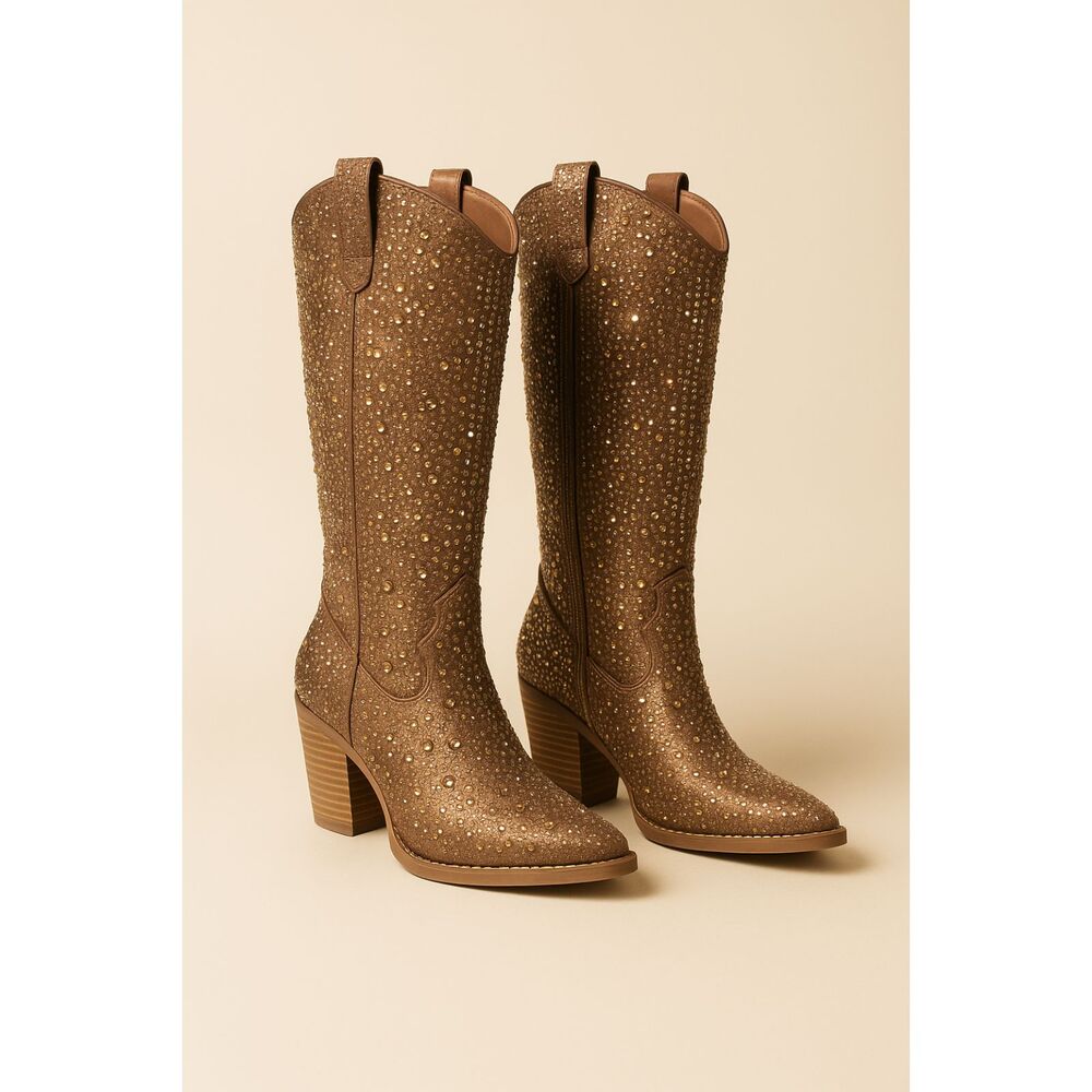 Women’s Rhinestone Western Boots Size 6.5 • Brown Gold Bling Cowgirl Glam